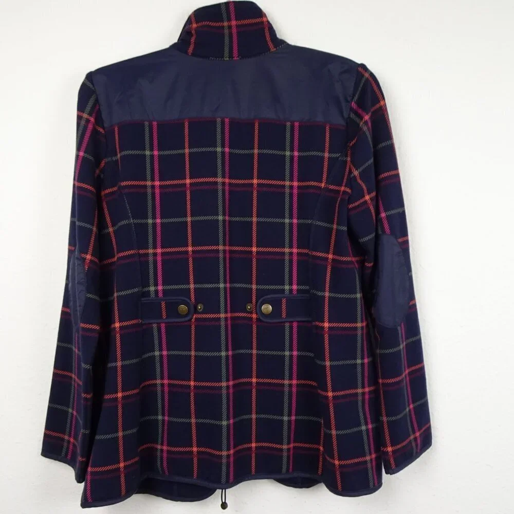 Talbots Jacket Women's Petite Size SP Blue Plaid Zip Front Elbow Patches - Picture 4 of 8